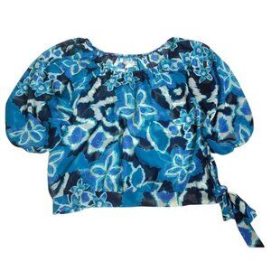Kokoon Blouse Womens Large Floral Blue Tie-Hem Off-Shoulder Pullover